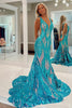 Load image into Gallery viewer, Blue Mermaid Deep V-Neck Long Prom Dress with Sequins