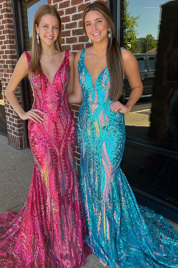 Blue Mermaid Deep V-Neck Long Prom Dress with Sequins