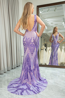 Mermaid Deep V-Neck Purple Long Prom Dress with Sequins