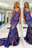 Load image into Gallery viewer, Blue Mermaid Deep V-Neck Long Prom Dress with Sequins