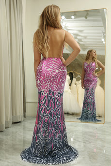 Purple Sparkly Mermaid Long Backless Sequin Prom Dress