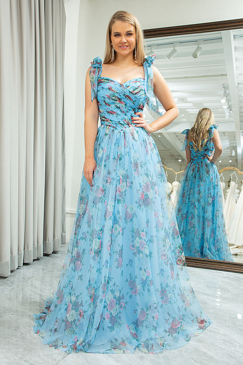 Load image into Gallery viewer, A-line Blue Printed Off The Shoulder Prom Dress