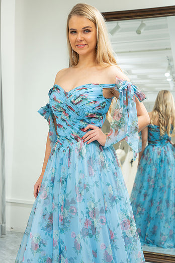 A-line Blue Printed Off The Shoulder Prom Dress