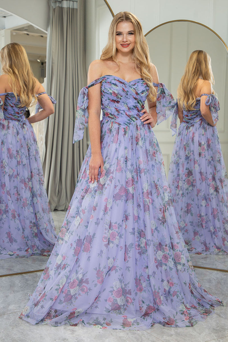 Load image into Gallery viewer, Lavendar Printed A-line Off The Shoulder Prom Dress