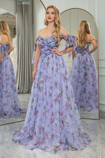 Lavendar Printed A-line Off The Shoulder Prom Dress