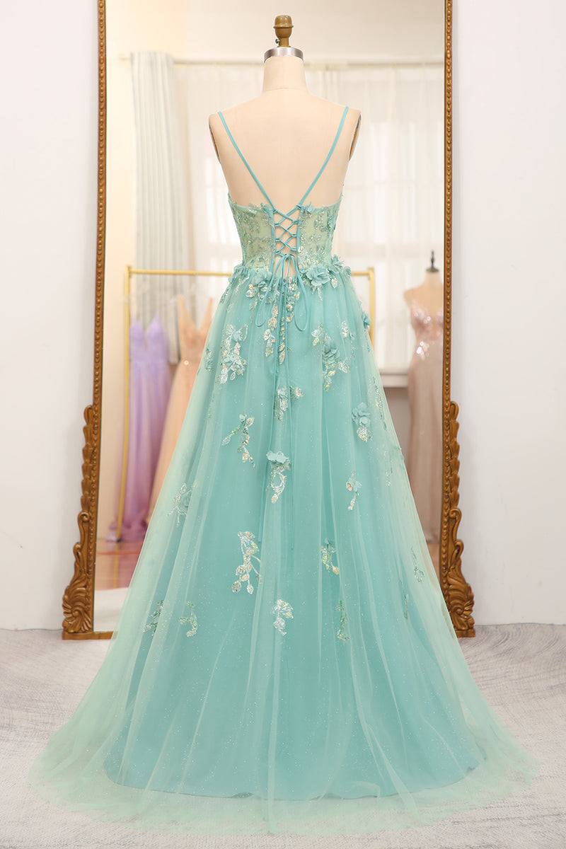 Load image into Gallery viewer, Green A-Line Spaghetti Straps Tulle Long Prom Dress with Appliques