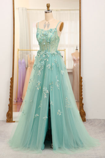 Green A-Line Spaghetti Straps Tulle Long Prom Dress with Appliques