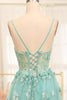 Load image into Gallery viewer, Green A-Line Spaghetti Straps Tulle Long Prom Dress with Appliques