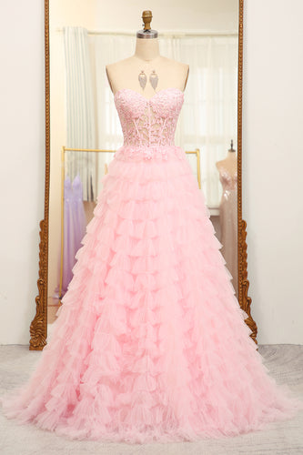 A-line Pink Strapless Tiered Corset Prom Dress with Appliques