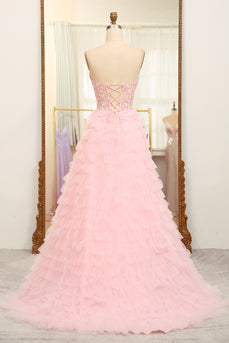 A-line Pink Strapless Tiered Corset Prom Dress with Appliques