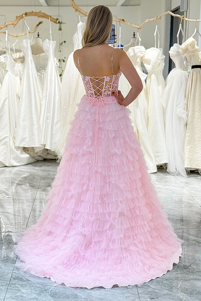 Load image into Gallery viewer, Pink A-line Strapless Tiered Corset Prom Dress with Appliques