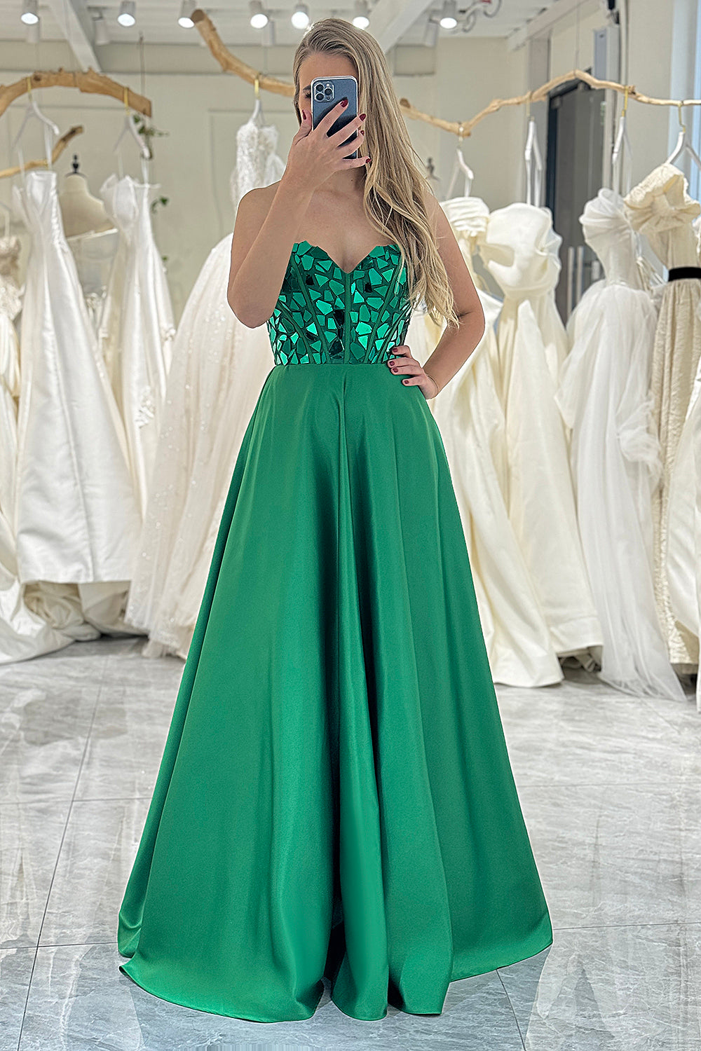 Sparkly Dark Green A-line Strapless Corset Prom Dress