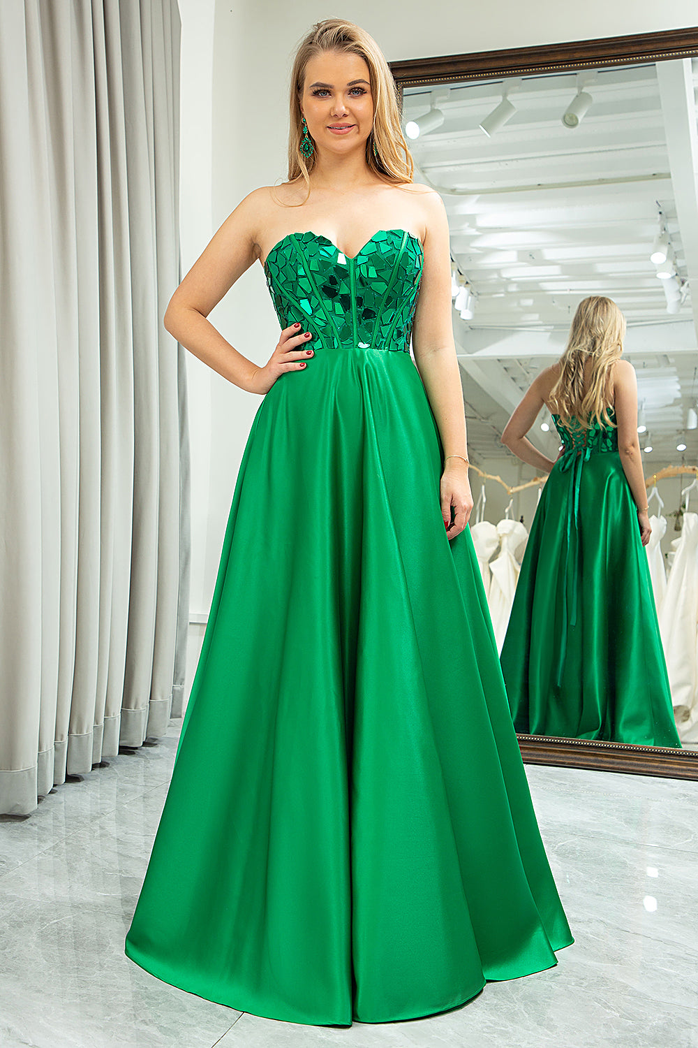 Sparkly A-line Dark Green Strapless Corset Prom Dress