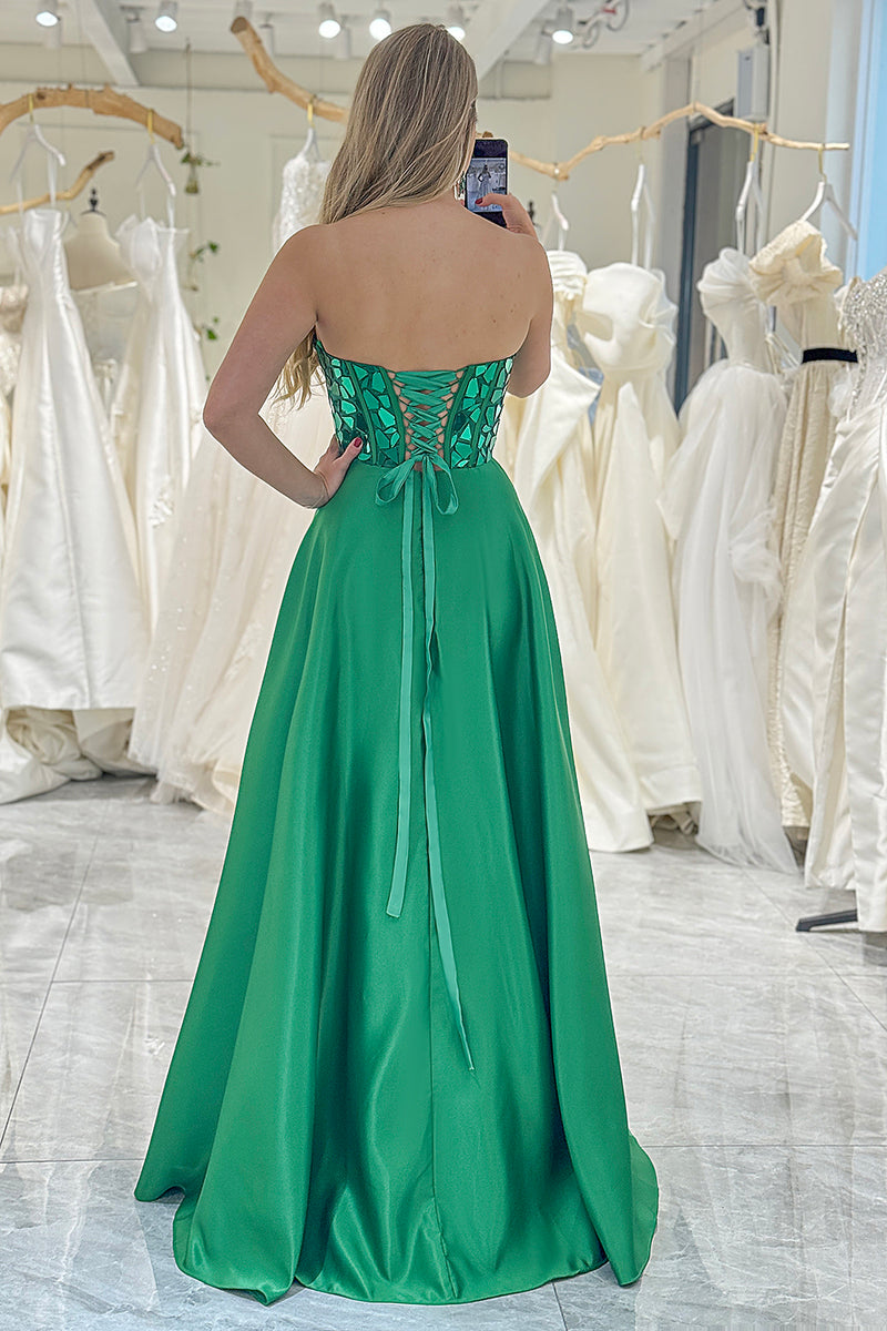 Load image into Gallery viewer, Sparkly Dark Green A-line Strapless Corset Prom Dress