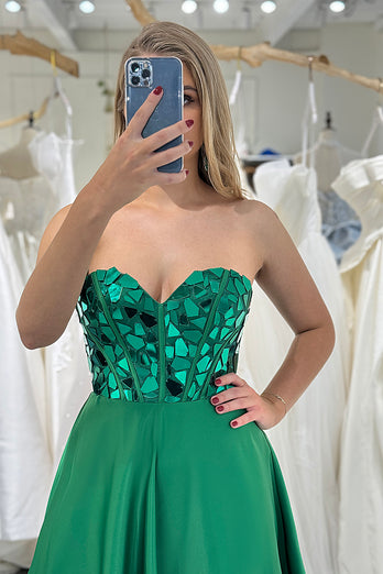 Sparkly Dark Green A-line Strapless Corset Prom Dress