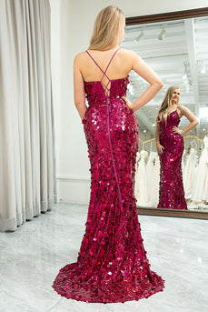 Sparkly Fuchsia Mermaid Spaghetti Straps Sequin Long Prom Dress with Slit