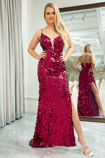 Sparkly Fuchsia Mermaid Spaghetti Straps Sequin Long Prom Dress with Slit