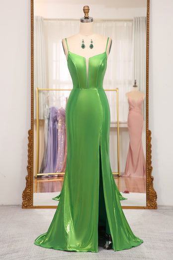 Mermaid Green Spaghetti Straps Prom Dress with Slit