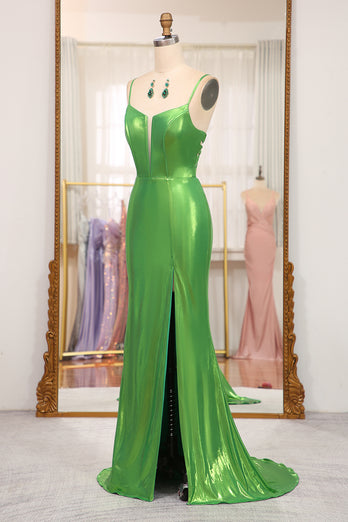 Mermaid Green Spaghetti Straps Prom Dress with Slit