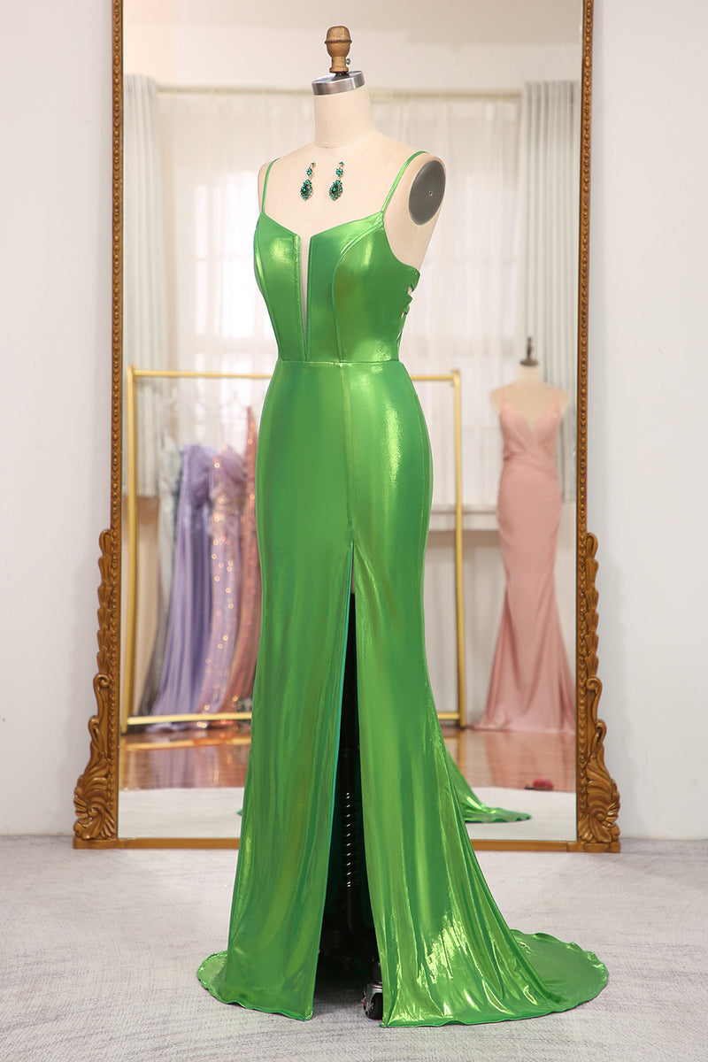 Load image into Gallery viewer, Mermaid Green Spaghetti Straps Prom Dress with Slit