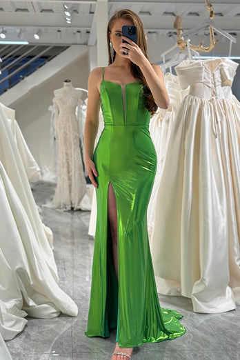 Mermaid Green Spaghetti Straps Long Prom Dress with Slit