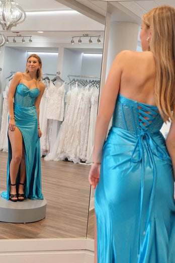 Sparkly Blue Strapless Corset Prom Dress with Slit