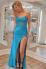 Load image into Gallery viewer, Sparkly Blue Strapless Corset Prom Dress with Slit