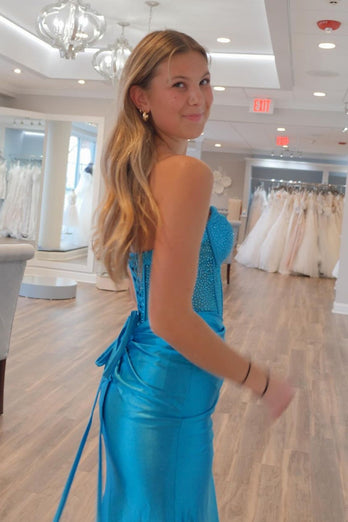 Sparkly Blue Strapless Corset Prom Dress with Slit