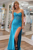 Load image into Gallery viewer, Sparkly Blue Strapless Corset Prom Dress with Slit