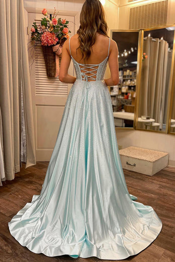 Beaded Spaghetti Straps Corset Prom Dress with Slit