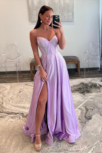 Beaded Spaghetti Straps Corset Prom Dress with Slit