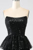 Load image into Gallery viewer, A-Line Sequins Black Tiered Prom Dress with Slit