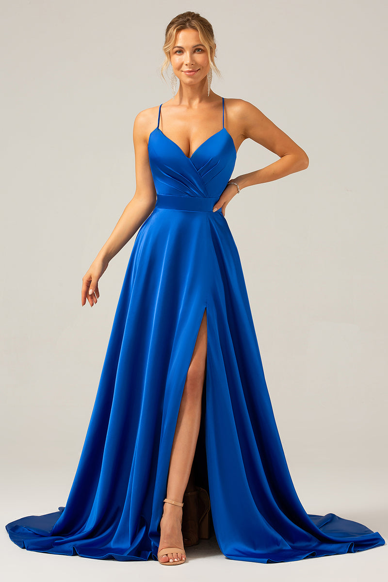 Load image into Gallery viewer, Royal Blue A Line Spaghetti Straps Satin Long Prom Bridesmaid Dress with Slit