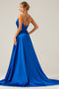 Load image into Gallery viewer, Royal Blue A Line Spaghetti Straps Satin Long Prom Bridesmaid Dress with Slit