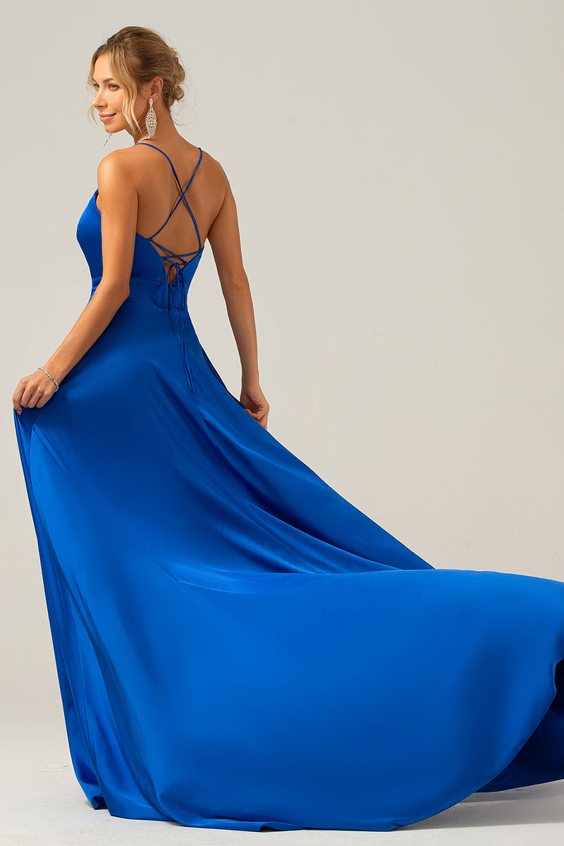 Load image into Gallery viewer, Royal Blue A Line Spaghetti Straps Satin Long Prom Bridesmaid Dress with Slit