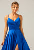 Load image into Gallery viewer, Royal Blue A Line Spaghetti Straps Satin Long Prom Bridesmaid Dress with Slit