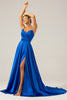 Load image into Gallery viewer, Royal Blue A Line Spaghetti Straps Satin Long Prom Bridesmaid Dress with Slit