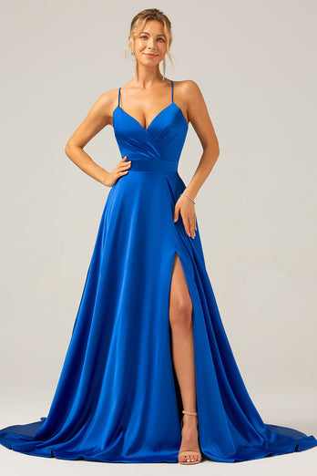 Royal Blue A Line Spaghetti Straps Satin Long Prom Bridesmaid Dress with Slit