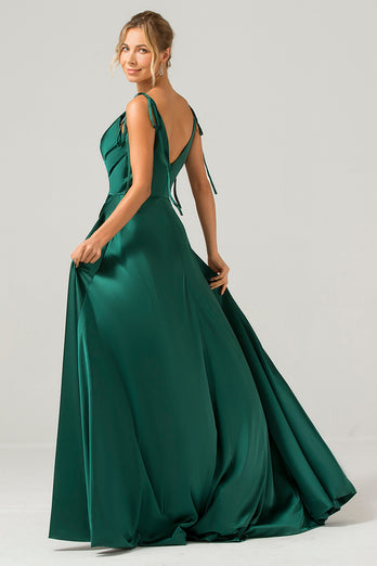 Dark Green A-Line Spaghetti Straps Ruched Long Bridesmaid Dress with Slit