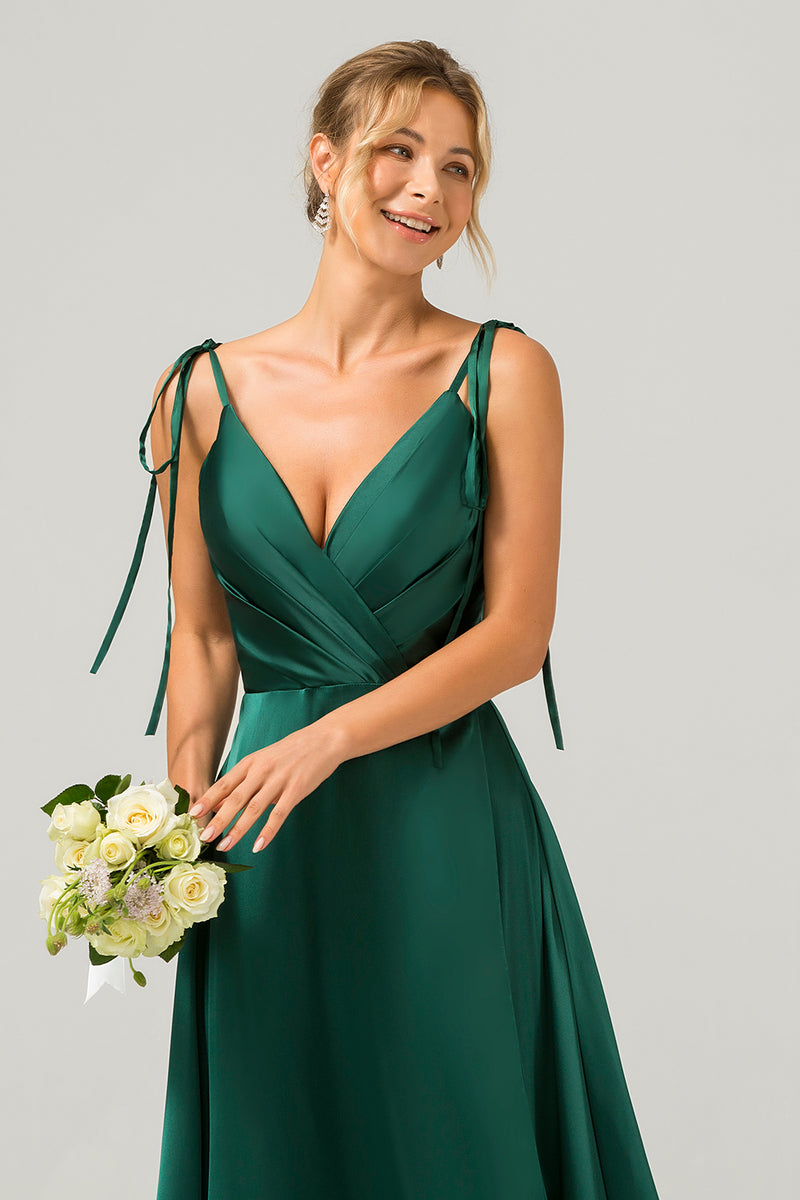 Load image into Gallery viewer, Dark Green A-Line Spaghetti Straps Ruched Long Bridesmaid Dress with Slit