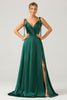 Load image into Gallery viewer, Dark Green A-Line Spaghetti Straps Ruched Long Bridesmaid Dress with Slit