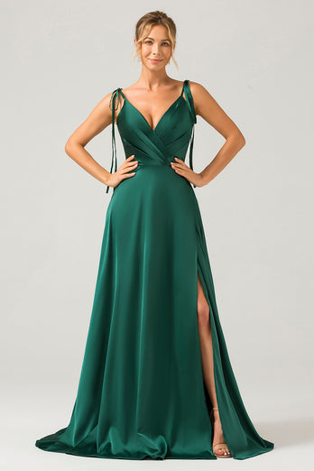 Dark Green A-Line Spaghetti Straps Ruched Long Bridesmaid Dress with Slit