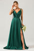 Load image into Gallery viewer, Dark Green A-Line Spaghetti Straps Ruched Long Bridesmaid Dress with Slit