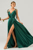 Load image into Gallery viewer, Dark Green A-Line Spaghetti Straps Ruched Long Bridesmaid Dress with Slit