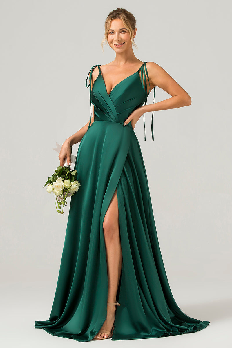 Load image into Gallery viewer, Dark Green A-Line Spaghetti Straps Ruched Long Bridesmaid Dress with Slit