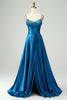 Load image into Gallery viewer, Sparkly Dark Blue Satin Corset Prom Dress with Beading