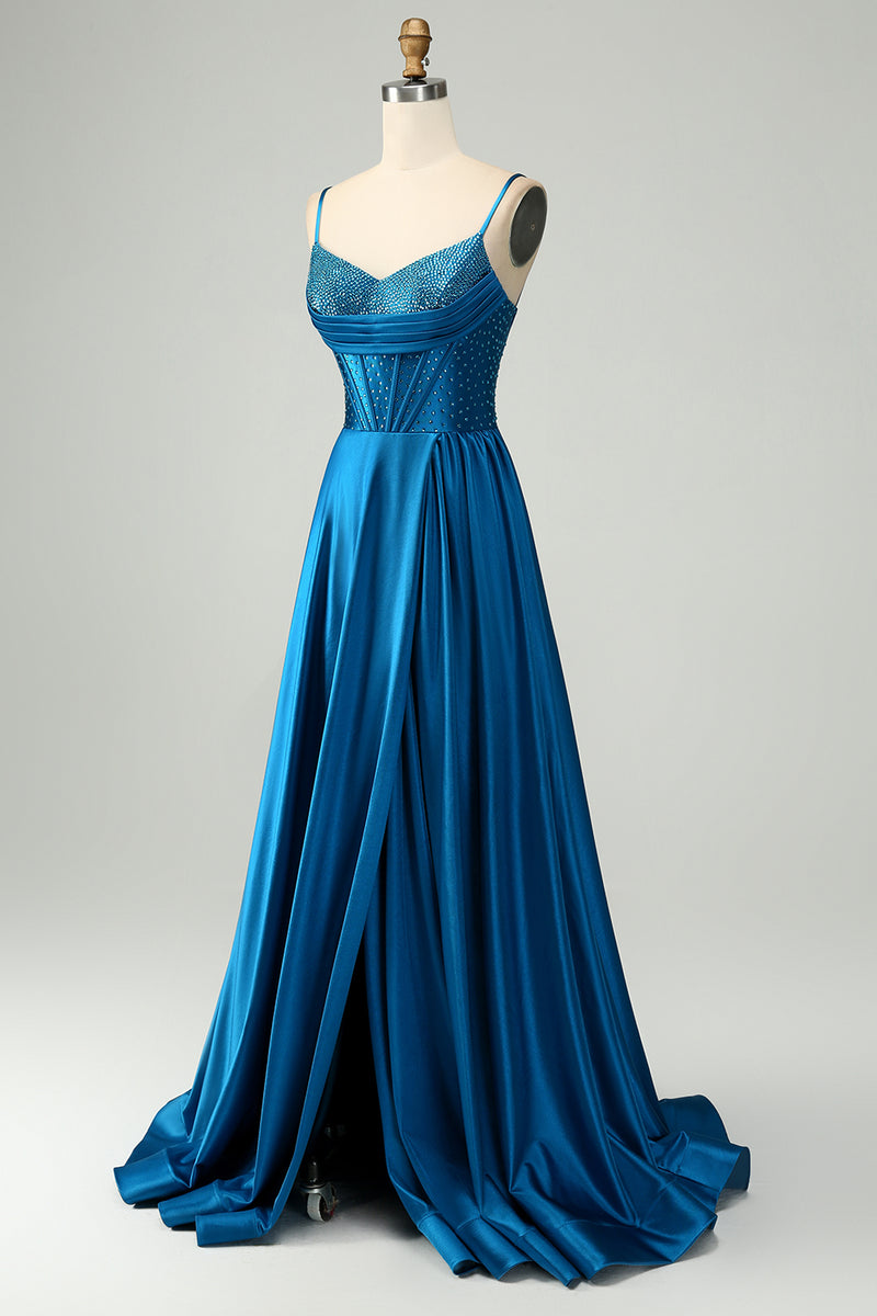 Load image into Gallery viewer, Sparkly Dark Blue Satin Corset Prom Dress with Beading