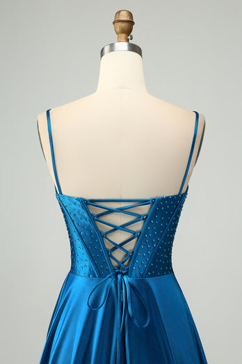 Sparkly Dark Blue Satin Corset Prom Dress with Beading