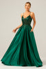 Load image into Gallery viewer, Sparkly Dark Green A-Line Spaghetti Straps Long Prom Dress with Pockets