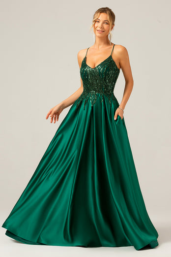 Sparkly Dark Green A-Line Spaghetti Straps Long Prom Dress with Pockets